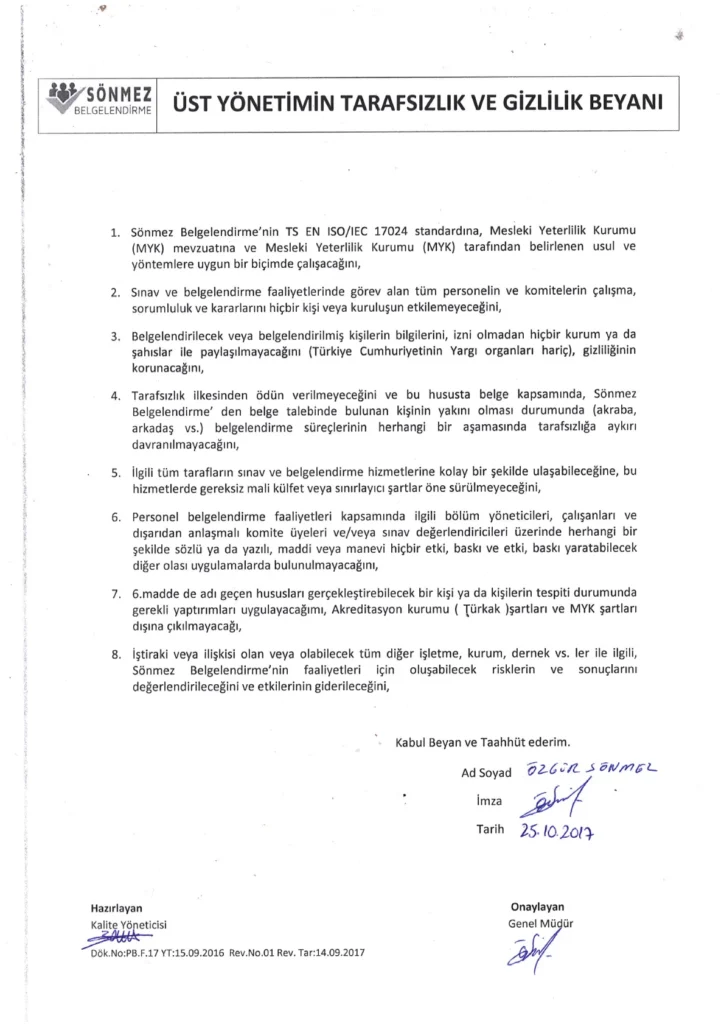 ust yonetimin tarafsizlik ve gizlilik beyani